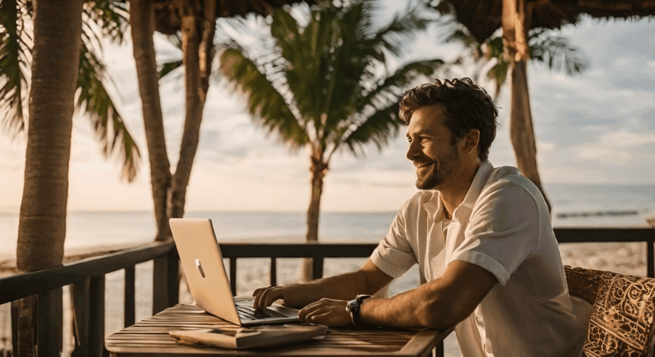 Man sitting at laptop in paradise investing in crypto